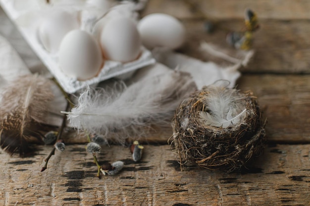 La vie encore rustique de Pâques élégant plumes d'oeufs naturels branches de saule nichent sur du bois vieilli