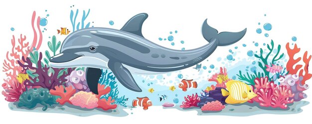 La vie marine vibrante Les récifs coralliens en bonne santé Les dauphins et les poissons tropicaux dans les eaux cristallines sous la chaude lumière du soleil Illustrés dans le style d'un livre pour enfants