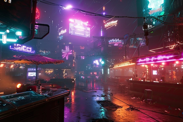 La vie nocturne cyberpunk avec des clubs lumineux, des affichages holographiques et des panneaux au néon, une nuit cyberpunk vibrante.