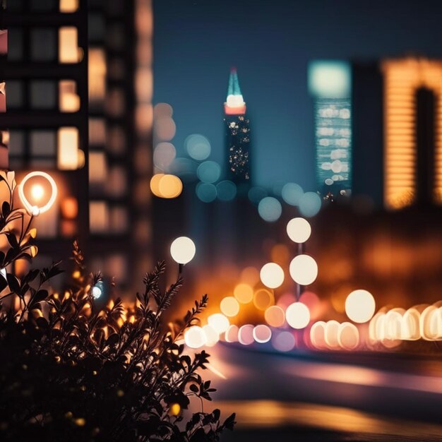 Photo vie nocturne de la ville avec des lampadaires et des lumières floues bokeh vecteur d'effet arrière-plan magnifique