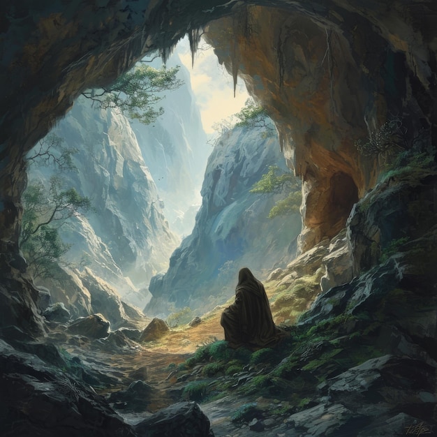 La vie paisible d'un ermite dans l'isolement tranquille d'une grotte de montagne générée par l'IA