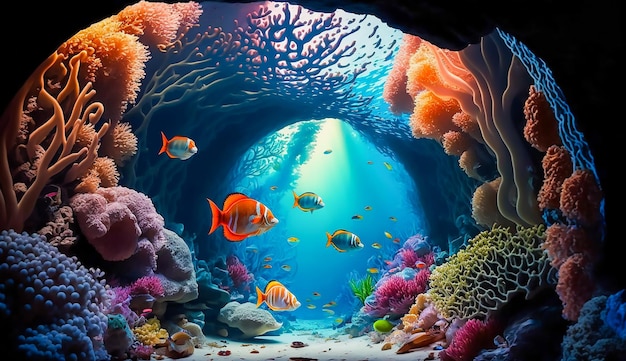 La vie des poissons tropicaux colorés dans le récif corallien dans la grotte sous l'eau monde marin IA générative