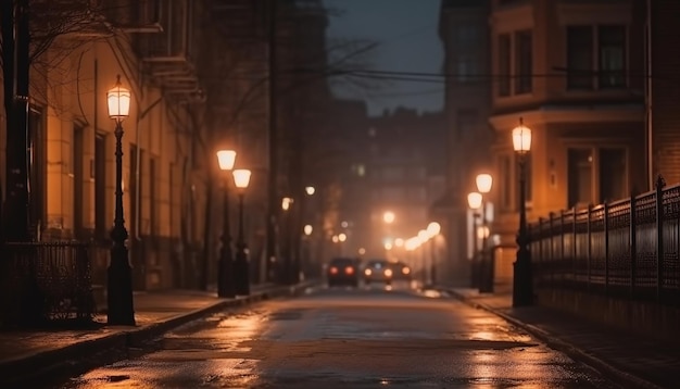 La vie urbaine éclairée par des lampadaires lumineux générés par l'IA