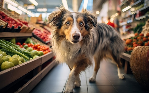 Vie en ville Dog explore le marché fermier animé