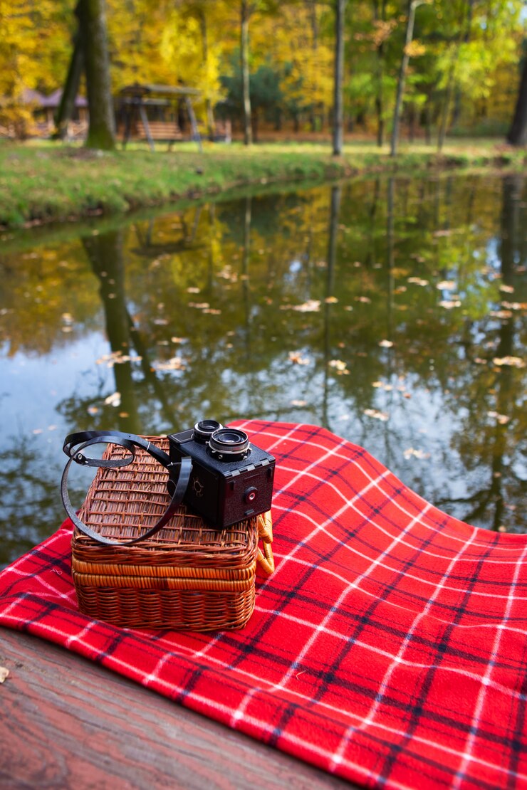Le vieil appareil photo repose sur une valise posée sur une couverture à carreaux rouge. Pont en bois au bord du lac.
