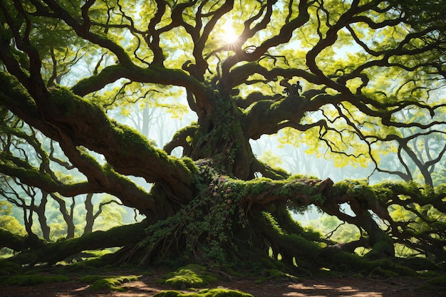 Vieil arbre géant avec des branches et des mousses