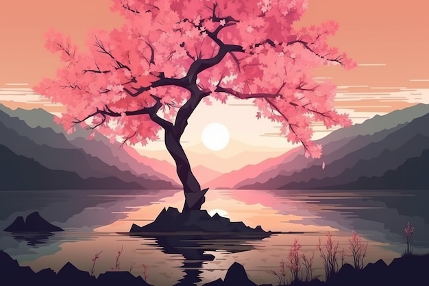 Vieil arbre de sakura sur le lac au soleil beauté de la nature générative ai