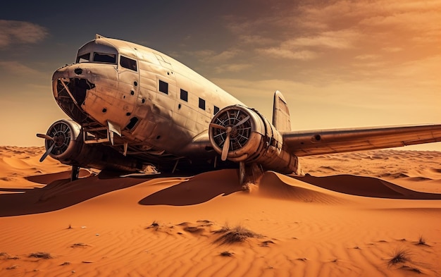 Un vieil avion assis au milieu d'un désert AI