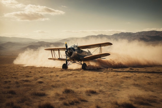Un vieil avion vintage volant au-dessus d'un vaste paysage accidenté