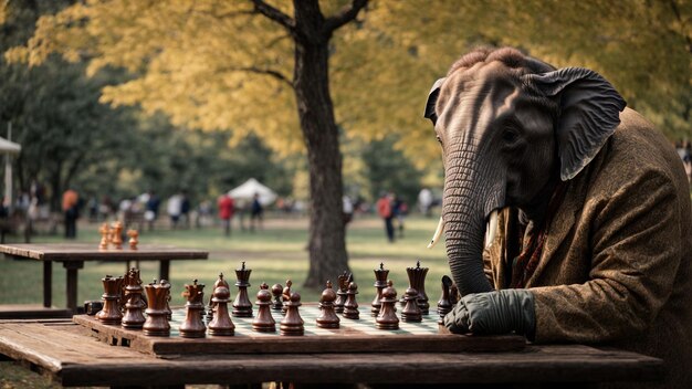 Un vieil éléphant sage jouant aux échecs dans un parc.