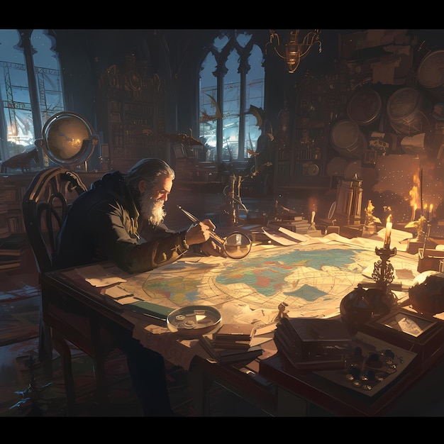 Un vieil explorateur étudie une carte dans un manoir du XVIIe siècle
