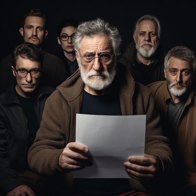 Un vieil homme accompagné d'un groupe d'amis montre un document vierge minime
