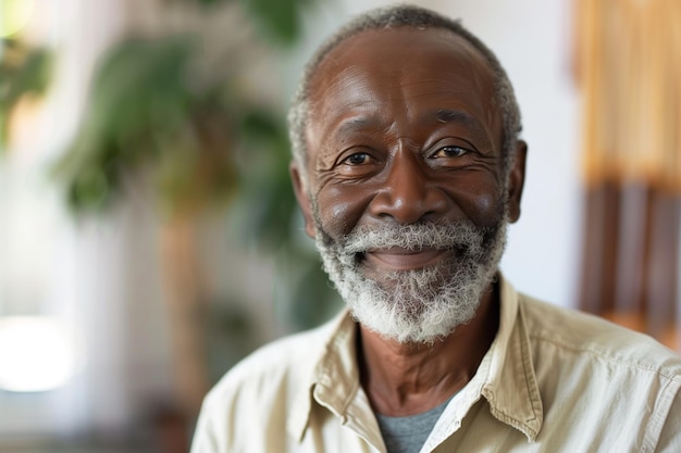 Un vieil homme afro-américain heureux souriant dans la pièce