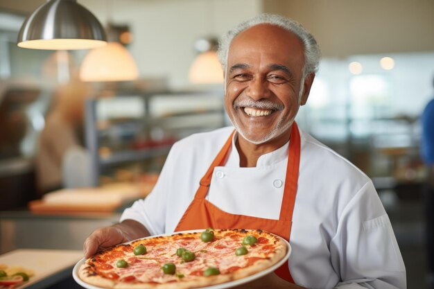 Photo un vieil homme âgé expression heureuse et concept de pizza ai généré