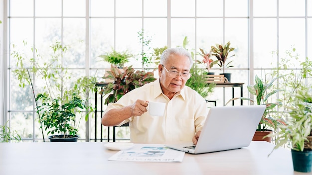 Un vieil homme âgé à la retraite vêtu d'un style décontracté utilise un ordinateur portable et boit du café assis à la maison avec un jardin intérieur en arrière-plan. Passe-temps et mode de vie à la retraite.