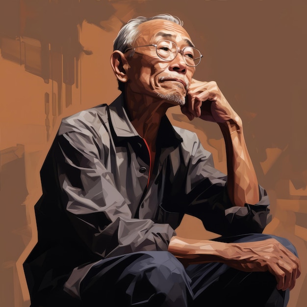 Vieil homme asiatique en pensant et doute illustration peinte à l'huile Personnage masculin avec un visage rêveur sur fond abstrait Ai a généré une affiche lumineuse en toile acrylique