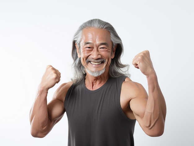 Vieil homme asiatique de remise en forme saine avec un corps musclé