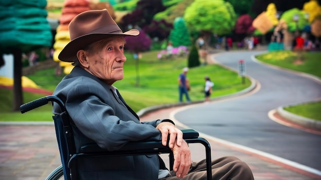 Un vieil homme assis sur un fauteuil roulant