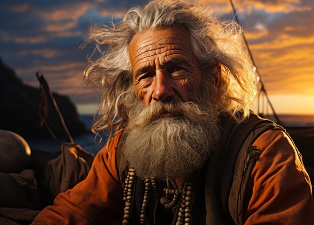 Photo un vieil homme assis sur son bateau un homme avec une longue barbe blanche et une barbe