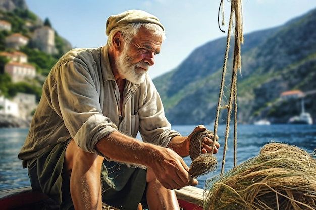 Un vieil homme aux cheveux gris dans un bateau de pêche trient les filets pour attraper du poisson un vieux seigneur pêcheur dans la baie attrape du poisson industrie de la pêche