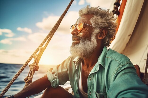 Un vieil homme aux cheveux gris est assis sur un bateau ou un yacht dans l'océan Regardant au loin les vagues Le voyage en mer d'un vieil homme