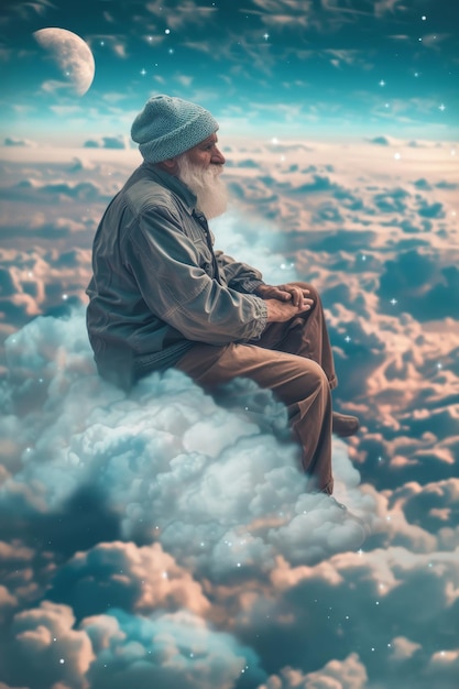 Un vieil homme avec une barbe assis sur un nuage et regardant vers le bas sur la planète Terre illustration 3D