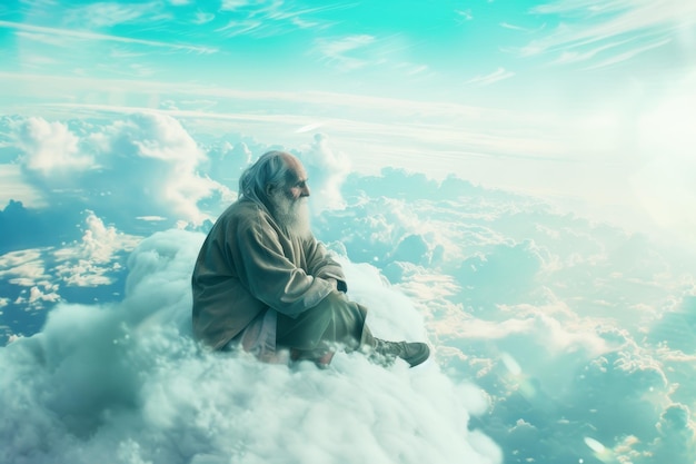 Un vieil homme avec une barbe assis sur un nuage et regardant vers le bas sur la planète Terre illustration 3D