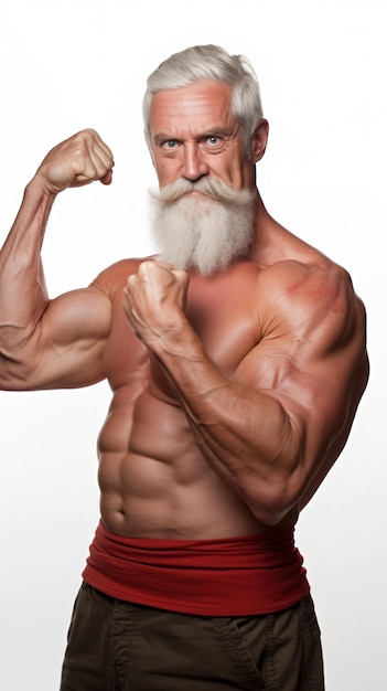 Vieil homme avec barbe blanche et moustache fléchissant les muscles