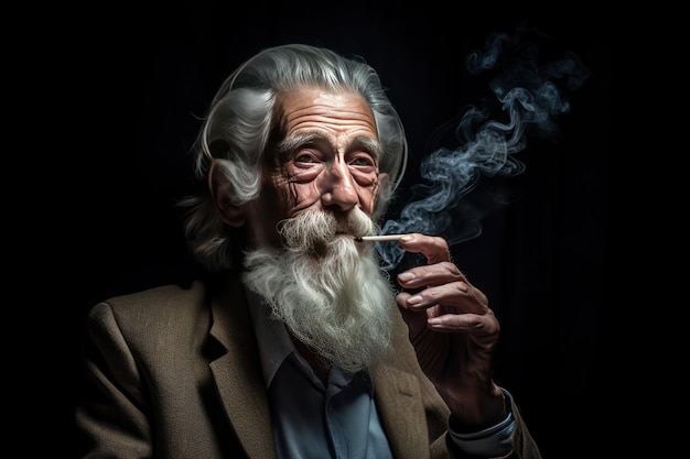 Un vieil homme avec une barbe fume une cigarette un vieil homme fume des cigarettes de marijuana