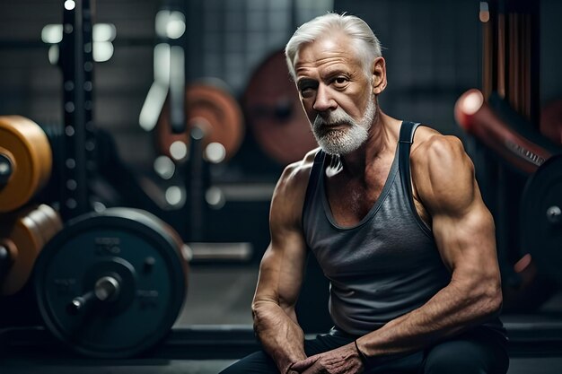 Un vieil homme avec une barbe se tient dans un gymnase avec une grande barbe blanche