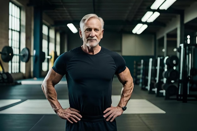 Un vieil homme avec une barbe se tient dans un gymnase avec une grande barbe blanche