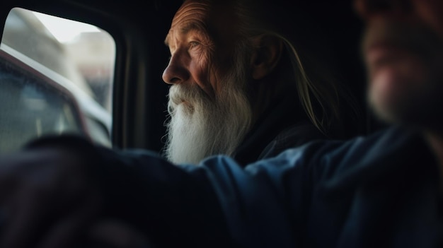 Un vieil homme barbu qui regarde par la fenêtre de la voiture.