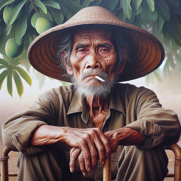 un vieil homme avec un chapeau de paille est assis dans une chaise avec un palmier en arrière-plan