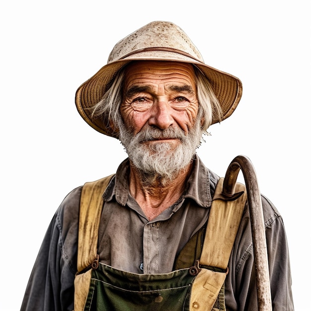 Photo un vieil homme avec un chapeau et une salopette se tient devant un fond blanc.