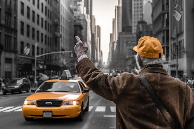 Le vieil homme cherche un taxi en ville.