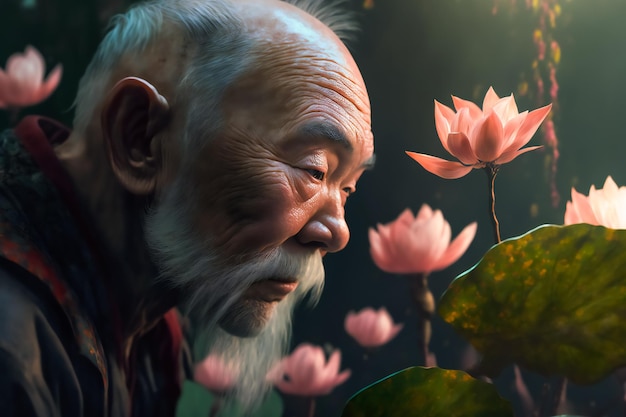 Vieil homme chinois dans l'étang de lotus Generative AIxA