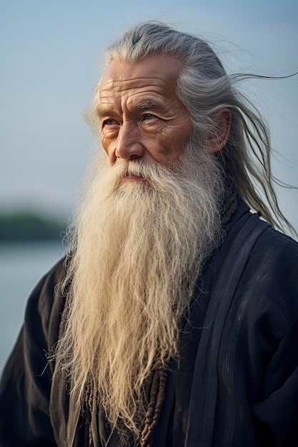 Un vieil homme chinois avec une longue barbe.