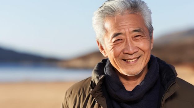 Vieil homme chinois souriant avec des cheveux bruns raides Photo Portrait d'une personne occasionnelle dans la rue de la ville Photoréaliste Ai générée Illustration horizontale