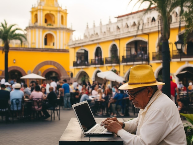 Vieil homme colombien travaillant sur un ordinateur portable dans un cadre urbain animé