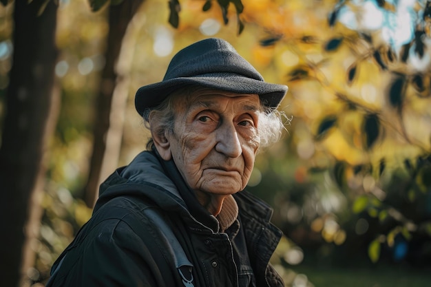 Un vieil homme contemplatif et ridé portant un chapeau regarde au loin dans un parc au feuillage d'automne.