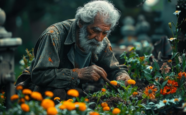 Le vieil homme cueille les fleurs.