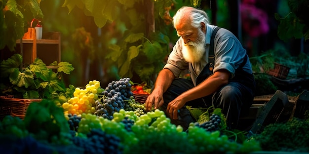 Vieil homme cultivant des légumes et des fruits biologiques dans son jardin