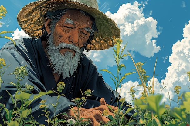 Un vieil homme dans un chapeau de paille sur un fond d'herbe verte