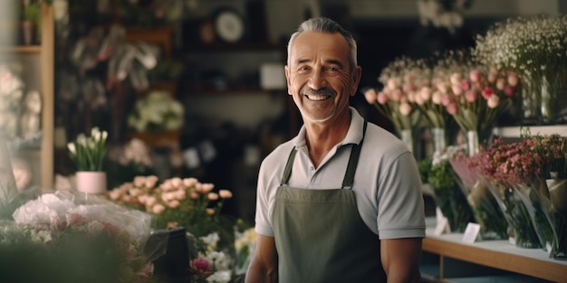 un vieil homme debout dans un magasin de fleurs