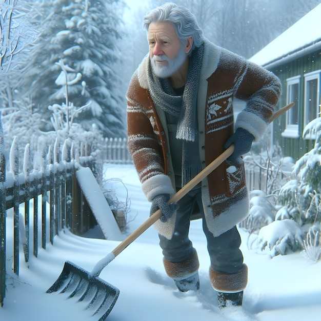 Un vieil homme déchire la neige devant une cabane en bois traditionnelle pendant l'hiver