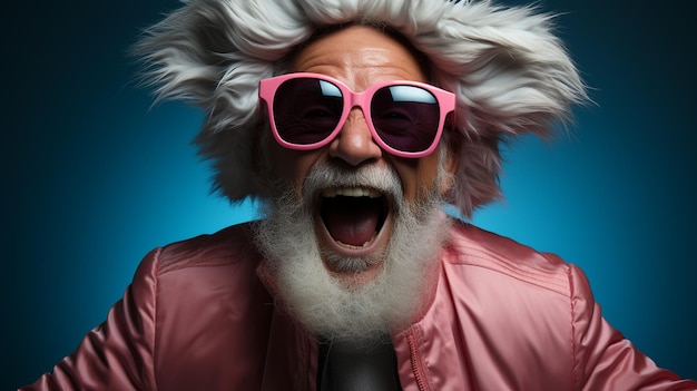 Un vieil homme drôle avec des cheveux roses et des lunettes de soleil Un homme fou drôle avec une barbe et une moustache drôles avec une perruque rose