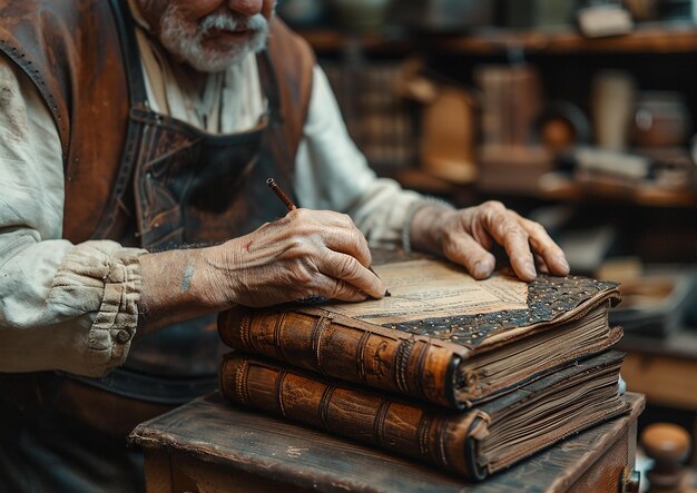 Photo un vieil homme écrit sur un livre avec un stylo