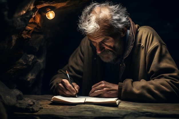 Vieil homme écrivant son journal de mémoire dans une grotte sombre