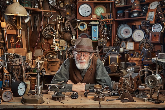 Un vieil homme entouré d'horloges