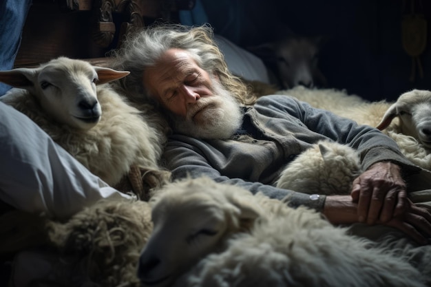 Le vieil homme essaie de dormir et compte les moutons dans le lit